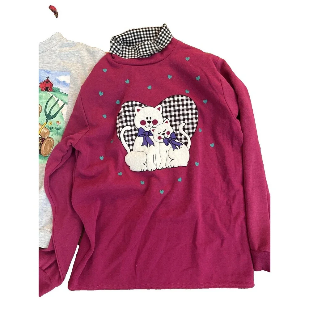 2x Vtg Basic Image Sweatshirt Girls Size 14/16 XL Mock Turtleneck Cats Bear EUC